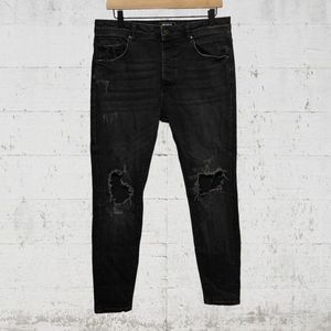 PULL&BEAR | High Rise Button Fly Distressed Ripped Black Skinny Jeans EUR 42 10